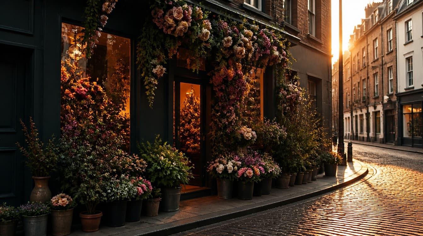 Luxury London West End florist storefront on Moor Street, Soho — cascading flower displays, teal facade, warm golden hour light. Flowers at Moor Street, London's West End florist.