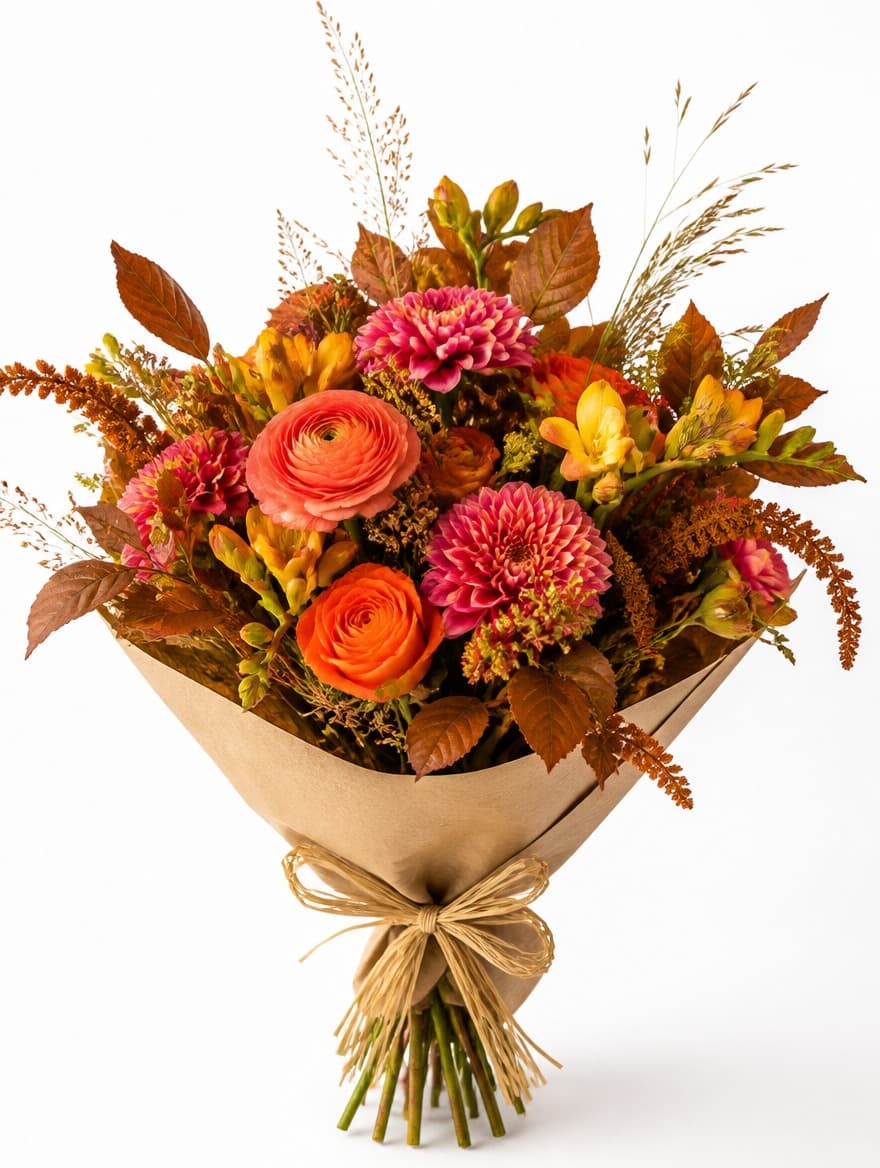 Soho Bohème — vibrant bohemian bouquet of coral ranunculus, tangerine roses, pink dahlias, yellow freesias wrapped in kraft paper