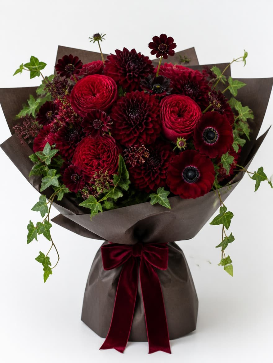 West End Romance — luxury bouquet of deep crimson garden roses, burgundy dahlias, black-centred anemones, dark chocolate cosmos wrapped in dark kraft paper with velvet ribbon