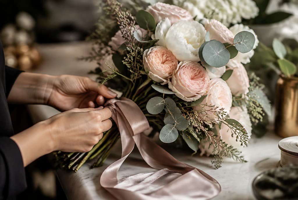 A florist's hands close-up, artfully hand-tying a luxury bouquet of blush garden roses, ivory peonies, and silver eucalyptus with silk ribbon on a marble workbench.